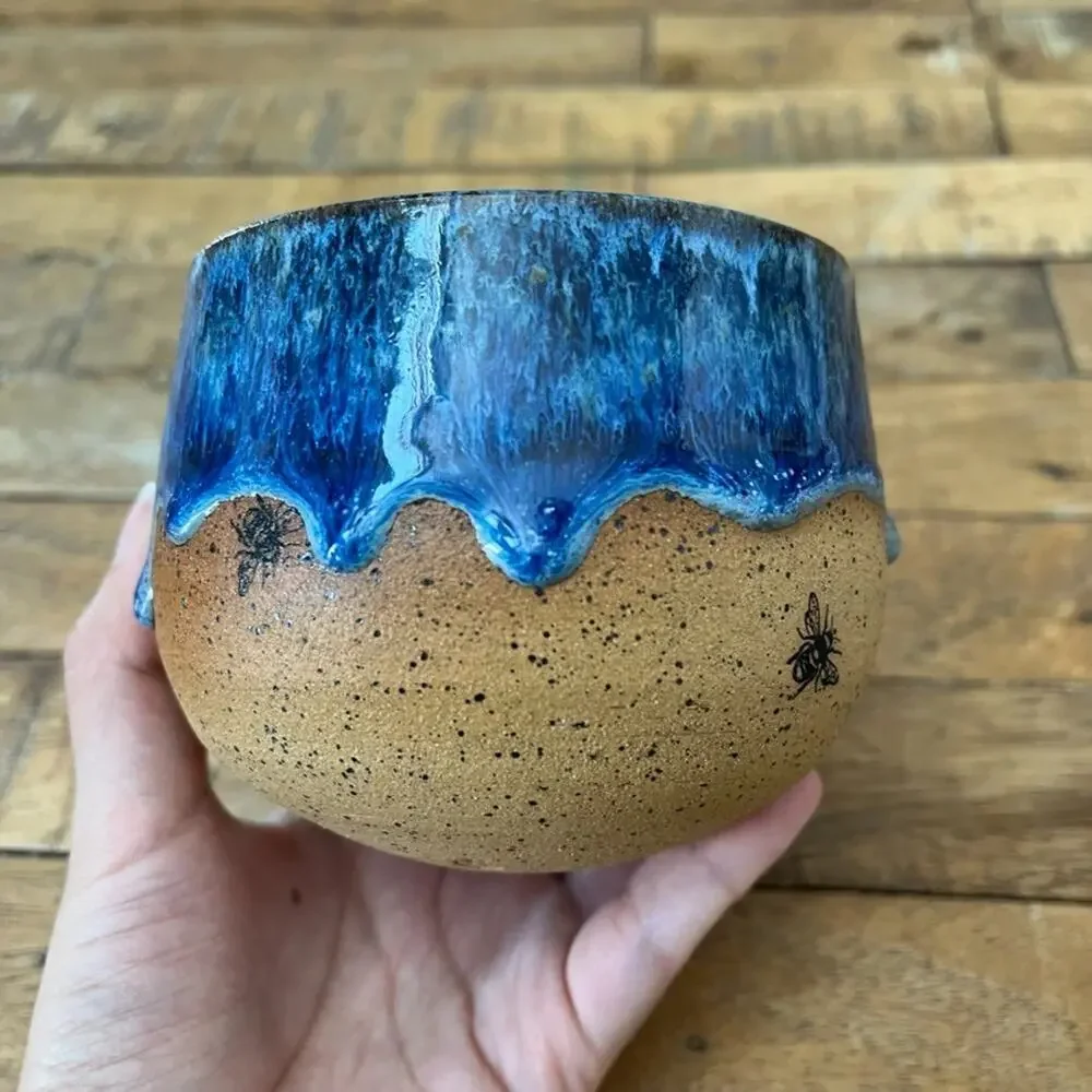 Handmade Stoneware Bowl Speckled Glossy Blue Drip Glaze Black Bees